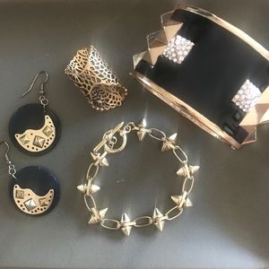 Bundle: gold stud & black earrings, ring&bracelets